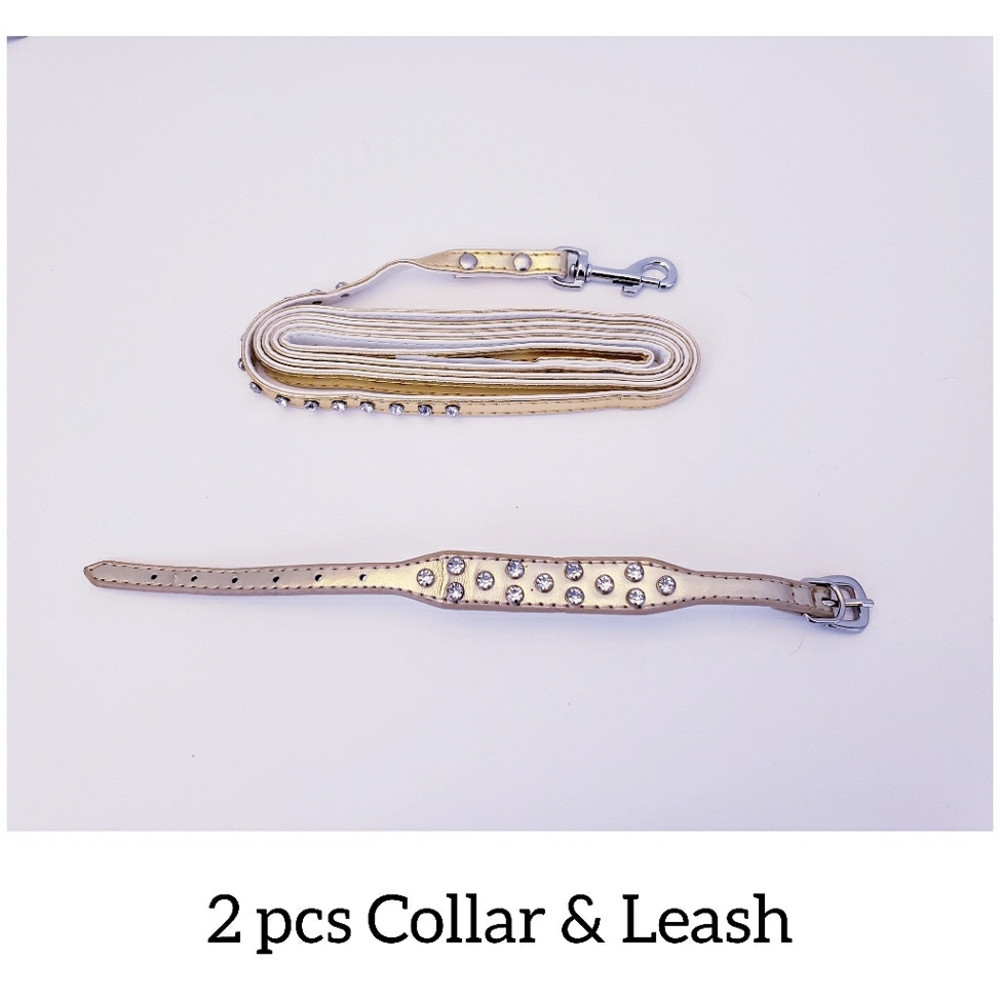 2 pcs Pet Gold Rhinestones Collar with Leash Set "NWOT"